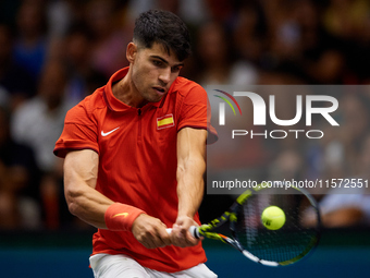 Carlos Alcaraz of Spain plays against Ugo Humbert of France during the 2024 Davis Cup Group B Stage match between France and Spain at Pabell...