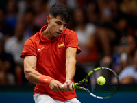 Carlos Alcaraz of Spain plays against Ugo Humbert of France during the 2024 Davis Cup Group B Stage match between France and Spain at Pabell...