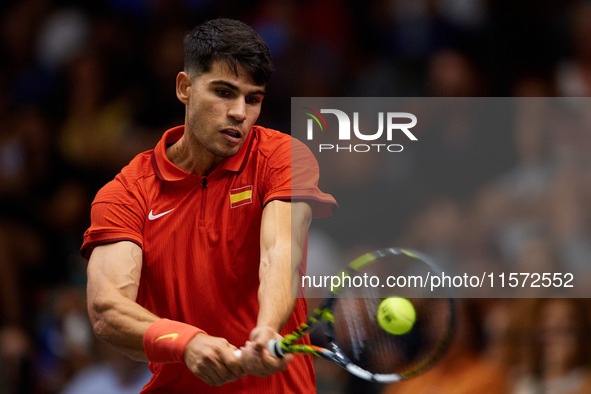 Carlos Alcaraz of Spain plays against Ugo Humbert of France during the 2024 Davis Cup Group B Stage match between France and Spain at Pabell...