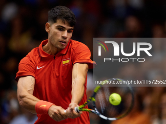 Carlos Alcaraz of Spain plays against Ugo Humbert of France during the 2024 Davis Cup Group B Stage match between France and Spain at Pabell...