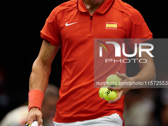 Carlos Alcaraz of Spain looks on during the game against Ugo Humbert of France during the 2024 Davis Cup Group B Stage match between France...