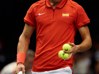 Carlos Alcaraz of Spain looks on during the game against Ugo Humbert of France during the 2024 Davis Cup Group B Stage match between France...