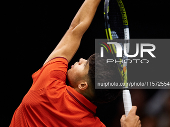 Carlos Alcaraz of Spain serves during the game against Ugo Humbert of France during the 2024 Davis Cup Group B Stage match between France an...