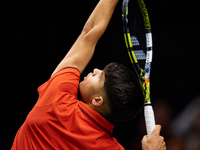 Carlos Alcaraz of Spain serves during the game against Ugo Humbert of France during the 2024 Davis Cup Group B Stage match between France an...