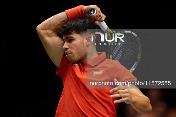 Carlos Alcaraz of Spain plays against Ugo Humbert of France during the 2024 Davis Cup Group B Stage match between France and Spain at Pabell...