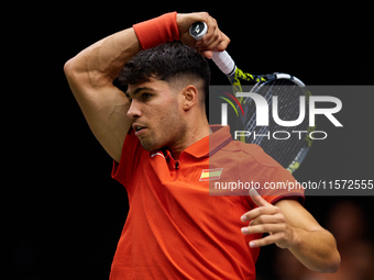 Carlos Alcaraz of Spain plays against Ugo Humbert of France during the 2024 Davis Cup Group B Stage match between France and Spain at Pabell...