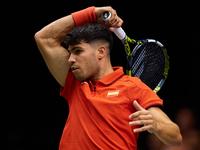 Carlos Alcaraz of Spain plays against Ugo Humbert of France during the 2024 Davis Cup Group B Stage match between France and Spain at Pabell...