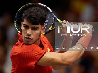 Carlos Alcaraz of Spain plays against Ugo Humbert of France during the 2024 Davis Cup Group B Stage match between France and Spain at Pabell...