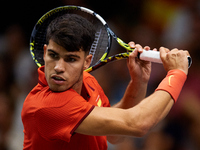 Carlos Alcaraz of Spain plays against Ugo Humbert of France during the 2024 Davis Cup Group B Stage match between France and Spain at Pabell...