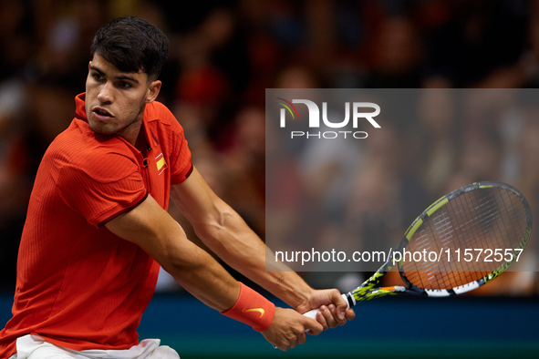 Carlos Alcaraz of Spain plays against Ugo Humbert of France during the 2024 Davis Cup Group B Stage match between France and Spain at Pabell...