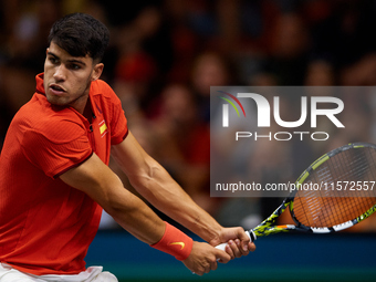 Carlos Alcaraz of Spain plays against Ugo Humbert of France during the 2024 Davis Cup Group B Stage match between France and Spain at Pabell...