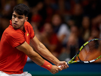 Carlos Alcaraz of Spain plays against Ugo Humbert of France during the 2024 Davis Cup Group B Stage match between France and Spain at Pabell...