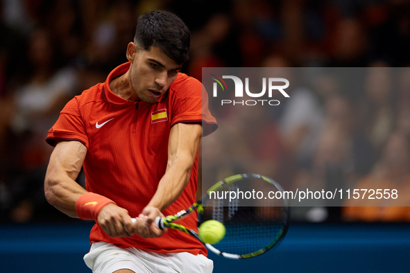 Carlos Alcaraz of Spain plays against Ugo Humbert of France during the 2024 Davis Cup Group B Stage match between France and Spain at Pabell...