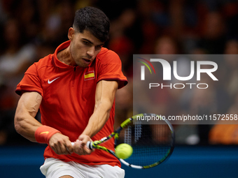 Carlos Alcaraz of Spain plays against Ugo Humbert of France during the 2024 Davis Cup Group B Stage match between France and Spain at Pabell...