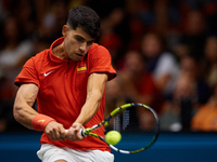 Carlos Alcaraz of Spain plays against Ugo Humbert of France during the 2024 Davis Cup Group B Stage match between France and Spain at Pabell...