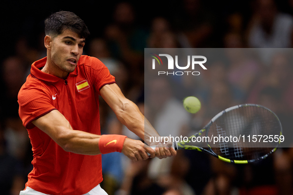 Carlos Alcaraz of Spain plays against Ugo Humbert of France during the 2024 Davis Cup Group B Stage match between France and Spain at Pabell...