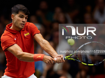 Carlos Alcaraz of Spain plays against Ugo Humbert of France during the 2024 Davis Cup Group B Stage match between France and Spain at Pabell...