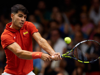 Carlos Alcaraz of Spain plays against Ugo Humbert of France during the 2024 Davis Cup Group B Stage match between France and Spain at Pabell...