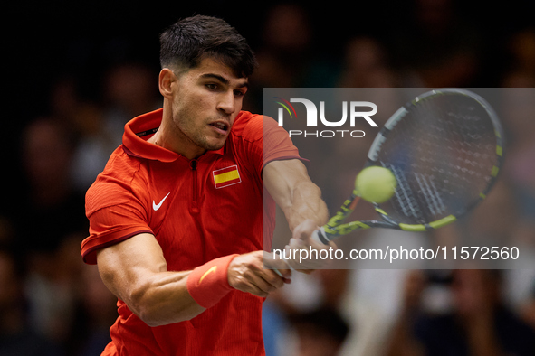 Carlos Alcaraz of Spain plays against Ugo Humbert of France during the 2024 Davis Cup Group B Stage match between France and Spain at Pabell...