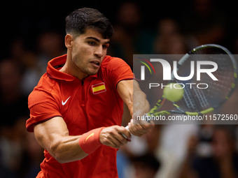 Carlos Alcaraz of Spain plays against Ugo Humbert of France during the 2024 Davis Cup Group B Stage match between France and Spain at Pabell...