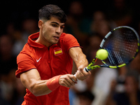 Carlos Alcaraz of Spain plays against Ugo Humbert of France during the 2024 Davis Cup Group B Stage match between France and Spain at Pabell...