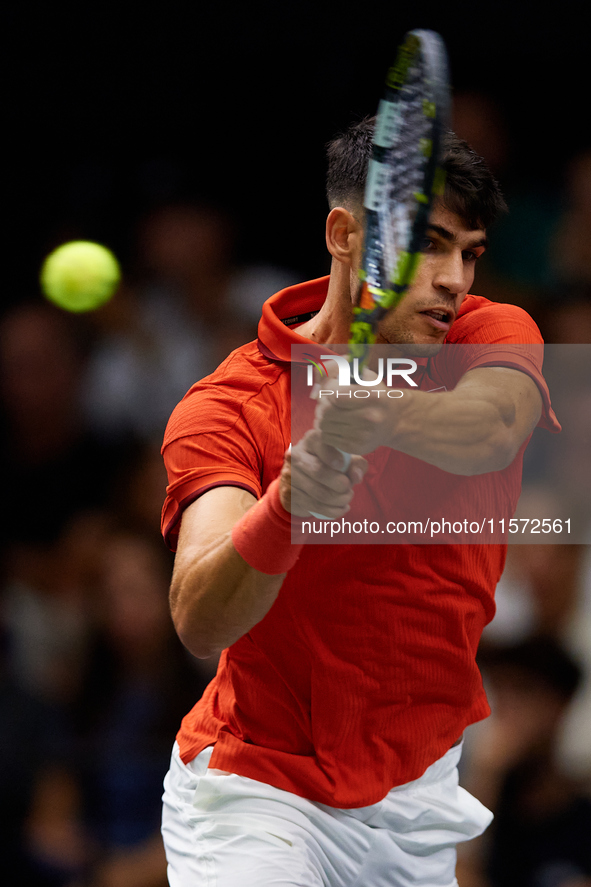 Carlos Alcaraz of Spain plays against Ugo Humbert of France during the 2024 Davis Cup Group B Stage match between France and Spain at Pabell...