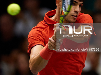 Carlos Alcaraz of Spain plays against Ugo Humbert of France during the 2024 Davis Cup Group B Stage match between France and Spain at Pabell...