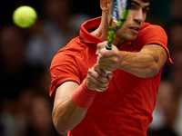 Carlos Alcaraz of Spain plays against Ugo Humbert of France during the 2024 Davis Cup Group B Stage match between France and Spain at Pabell...