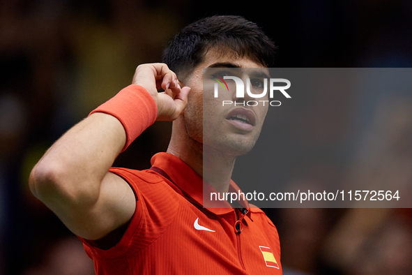 Carlos Alcaraz of Spain celebrates a point during the game against Ugo Humbert of France during the 2024 Davis Cup Group B Stage match betwe...