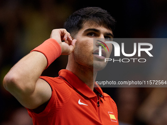 Carlos Alcaraz of Spain celebrates a point during the game against Ugo Humbert of France during the 2024 Davis Cup Group B Stage match betwe...