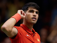 Carlos Alcaraz of Spain celebrates a point during the game against Ugo Humbert of France during the 2024 Davis Cup Group B Stage match betwe...