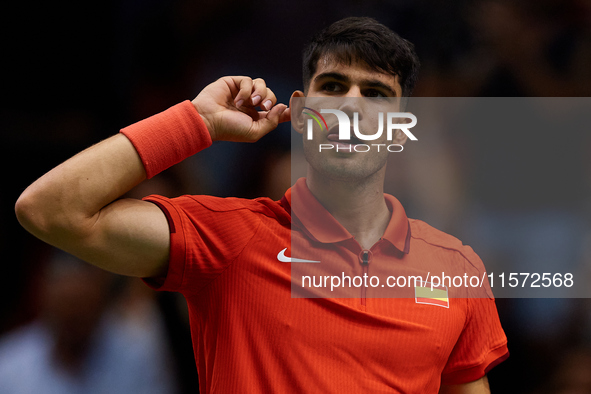 Carlos Alcaraz of Spain celebrates a point during the game against Ugo Humbert of France during the 2024 Davis Cup Group B Stage match betwe...