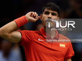 Carlos Alcaraz of Spain celebrates a point during the game against Ugo Humbert of France during the 2024 Davis Cup Group B Stage match betwe...