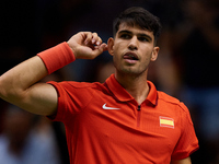 Carlos Alcaraz of Spain celebrates a point during the game against Ugo Humbert of France during the 2024 Davis Cup Group B Stage match betwe...