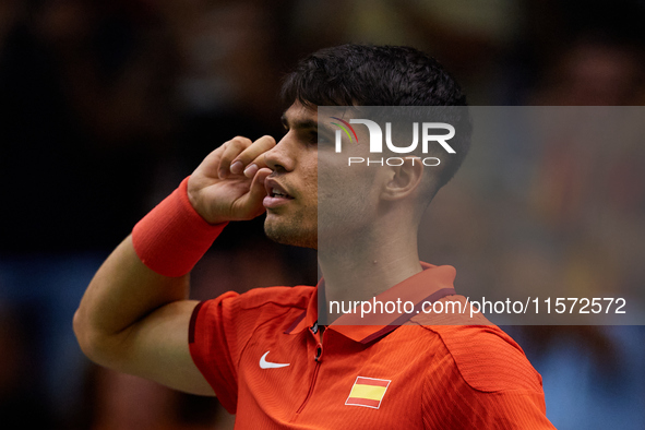 Carlos Alcaraz of Spain celebrates a point during the game against Ugo Humbert of France during the 2024 Davis Cup Group B Stage match betwe...