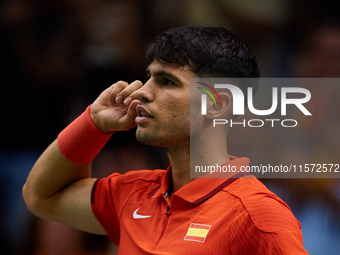 Carlos Alcaraz of Spain celebrates a point during the game against Ugo Humbert of France during the 2024 Davis Cup Group B Stage match betwe...