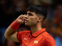 Carlos Alcaraz of Spain celebrates a point during the game against Ugo Humbert of France during the 2024 Davis Cup Group B Stage match betwe...