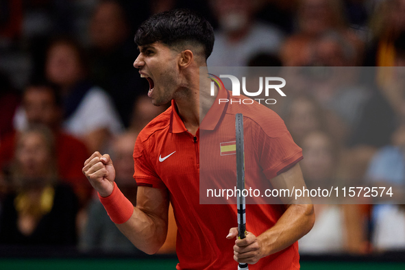 Carlos Alcaraz of Spain celebrates a point during the game against Ugo Humbert of France during the 2024 Davis Cup Group B Stage match betwe...