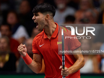 Carlos Alcaraz of Spain celebrates a point during the game against Ugo Humbert of France during the 2024 Davis Cup Group B Stage match betwe...