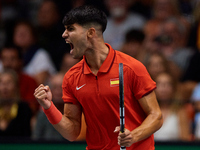 Carlos Alcaraz of Spain celebrates a point during the game against Ugo Humbert of France during the 2024 Davis Cup Group B Stage match betwe...