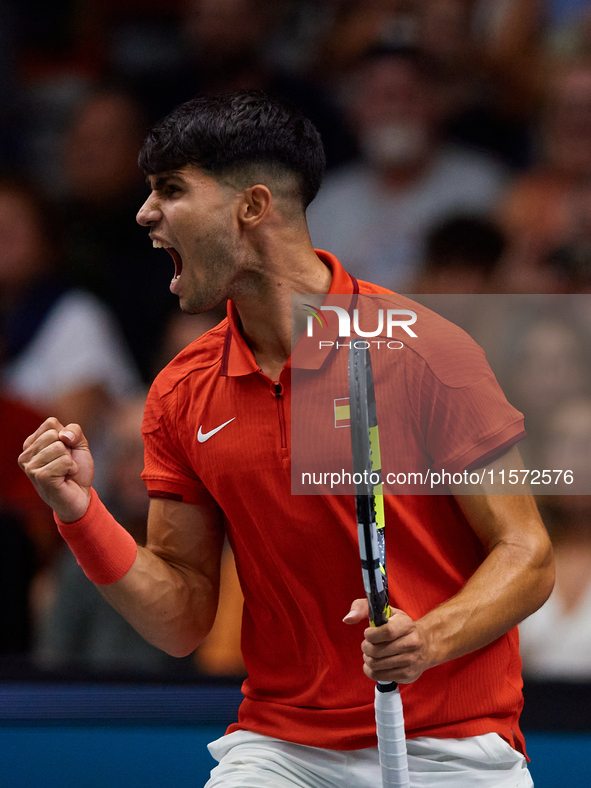 Carlos Alcaraz of Spain celebrates a point during the game against Ugo Humbert of France during the 2024 Davis Cup Group B Stage match betwe...