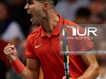 Carlos Alcaraz of Spain celebrates a point during the game against Ugo Humbert of France during the 2024 Davis Cup Group B Stage match betwe...