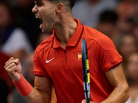 Carlos Alcaraz of Spain celebrates a point during the game against Ugo Humbert of France during the 2024 Davis Cup Group B Stage match betwe...