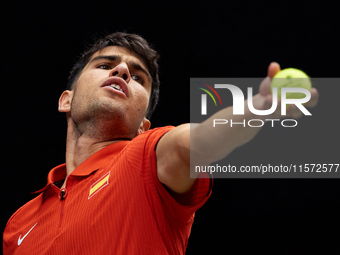 Carlos Alcaraz of Spain serves during the game against Ugo Humbert of France during the 2024 Davis Cup Group B Stage match between France an...