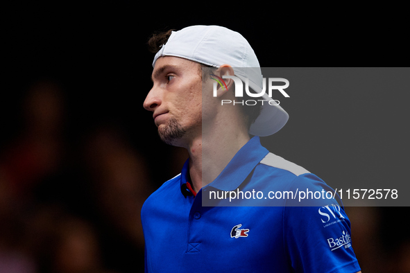 Ugo Humbert of France is in action during the game against Carlos Alcaraz of Spain during the 2024 Davis Cup Group B Stage match between Fra...