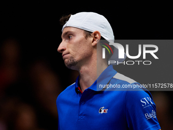 Ugo Humbert of France is in action during the game against Carlos Alcaraz of Spain during the 2024 Davis Cup Group B Stage match between Fra...