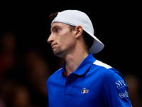 Ugo Humbert of France is in action during the game against Carlos Alcaraz of Spain during the 2024 Davis Cup Group B Stage match between Fra...