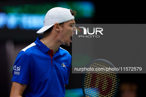 Ugo Humbert of France is in action during the game against Carlos Alcaraz of Spain during the 2024 Davis Cup Group B Stage match between Fra...