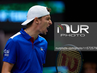 Ugo Humbert of France is in action during the game against Carlos Alcaraz of Spain during the 2024 Davis Cup Group B Stage match between Fra...