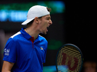 Ugo Humbert of France is in action during the game against Carlos Alcaraz of Spain during the 2024 Davis Cup Group B Stage match between Fra...